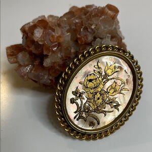 Antique Oval Floral Brooch Hand-Painted Set in Decorative Brass Frame